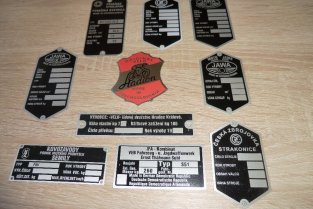 VÝROBA TYPOVÝCH ŠTÍTKŮ DLE VZORU, PRODEJ ŠTÍTKŮ, JAWA, VELOREX, PIO, ČZ, BABETTA, STADION, PÁV, OGAR, 90TKA, BETKA - A MNOHO DALŠICH SPECIALU I V CIZIM JAZYCE